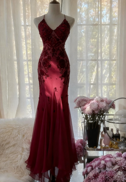 Mermaid Spaghetti Strap Chiffon Applique Prom Dress Long Temperament Prom Dress