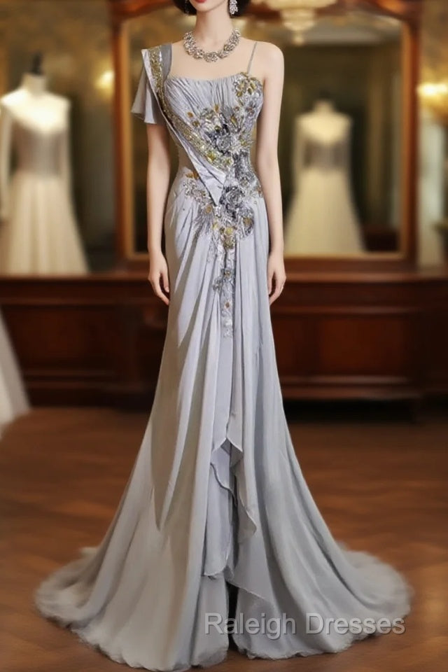 Mermaid Spaghetti Strap Chiffon Beaded Sequin Prom Dresses Long Embroidered Applique Prom Gown Main image