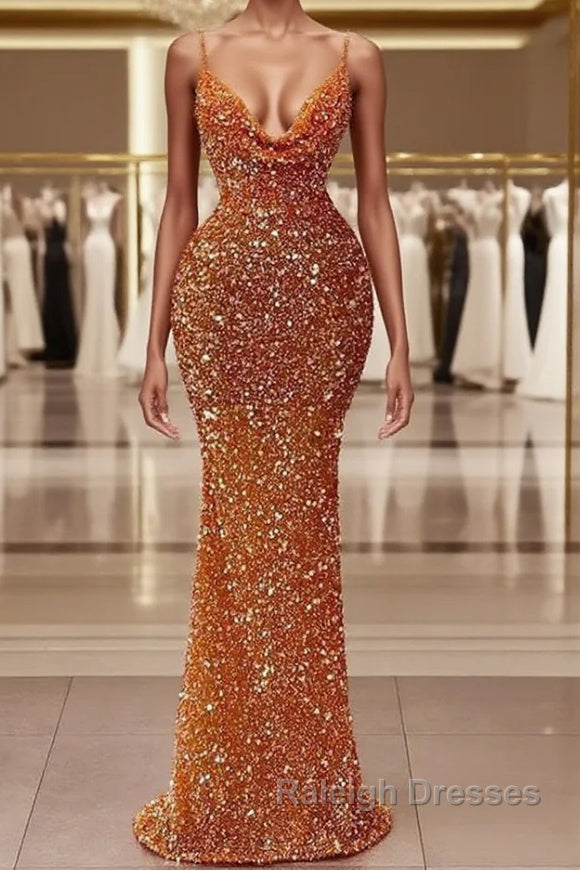 Mermaid Spaghetti strap Sequined Floor Length Sleeveless Elegant Prom Dresses Main image