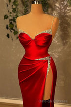 Mermaid Spaghetti Strap Sweetheart Floor-length Sleeveless Red High Split Prom Dresses
