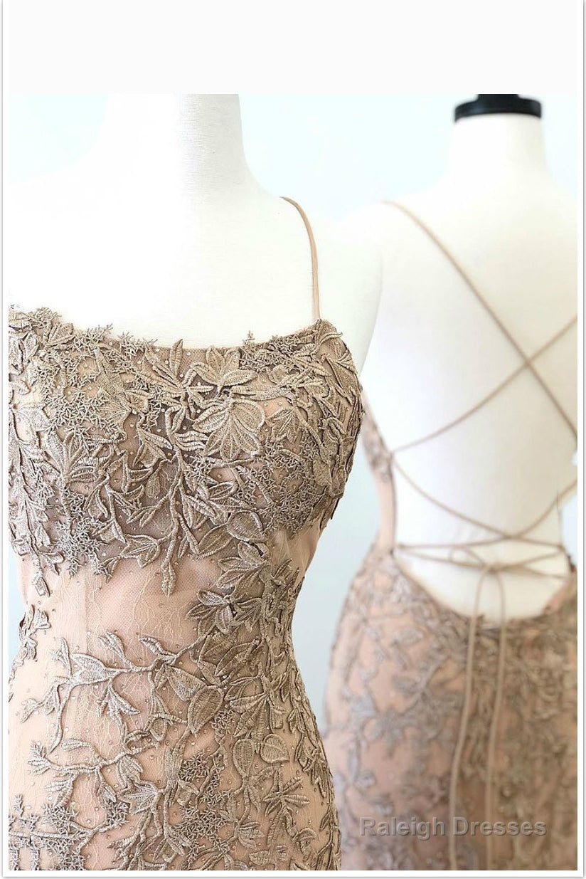 Mermaid Spaghetti Straps Applique Lace Prom Dresses With Sweep Train