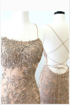 Mermaid Spaghetti Straps Applique Lace Prom Dress With Sweep Train