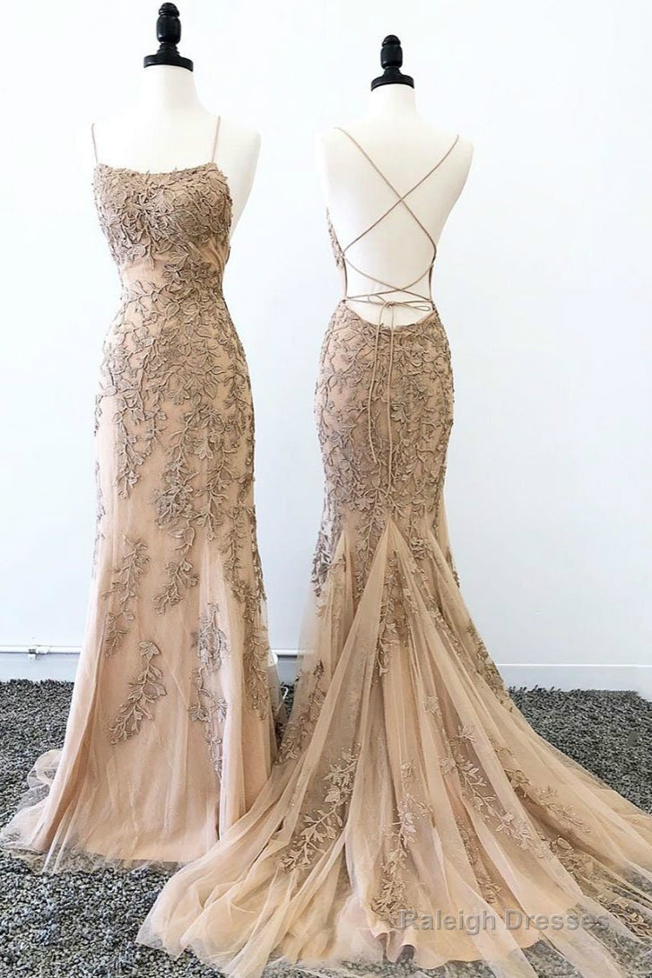 Mermaid Spaghetti Straps Applique Lace Prom Dress With Sweep Train Main image