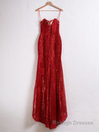 Mermaid Spaghetti Straps Appliques Prom Dress with Slit