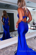 Mermaid Spaghetti Straps Beaded Satin Prom Dress