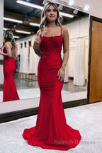 Mermaid Spaghetti Straps Dark Green Long Prom Dress with Appliques