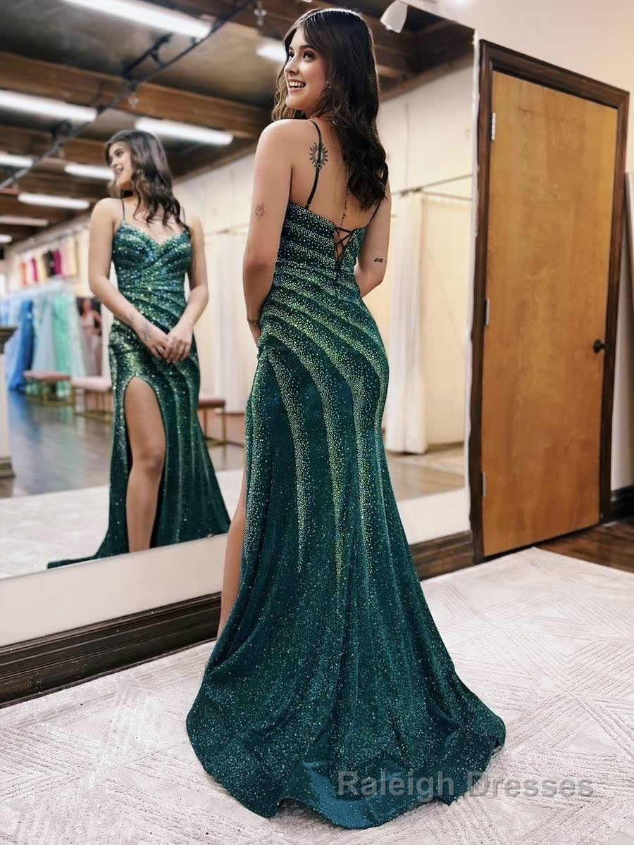 Mermaid Spaghetti Straps Glitter Mermaid Dress with Slit