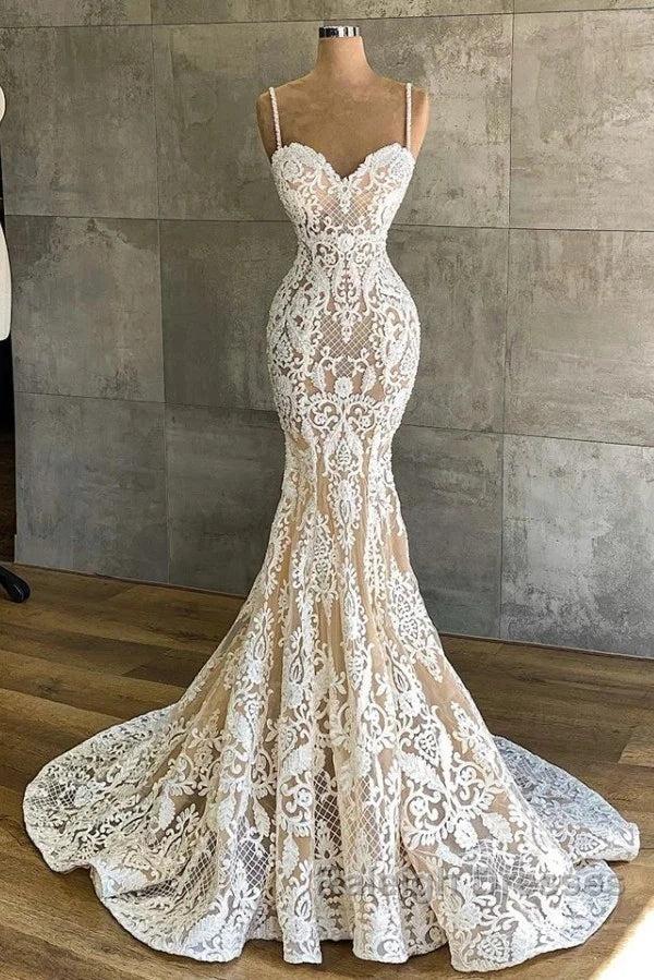 Mermaid Spaghetti-Straps Lace Sleeveless Wedding Dresses