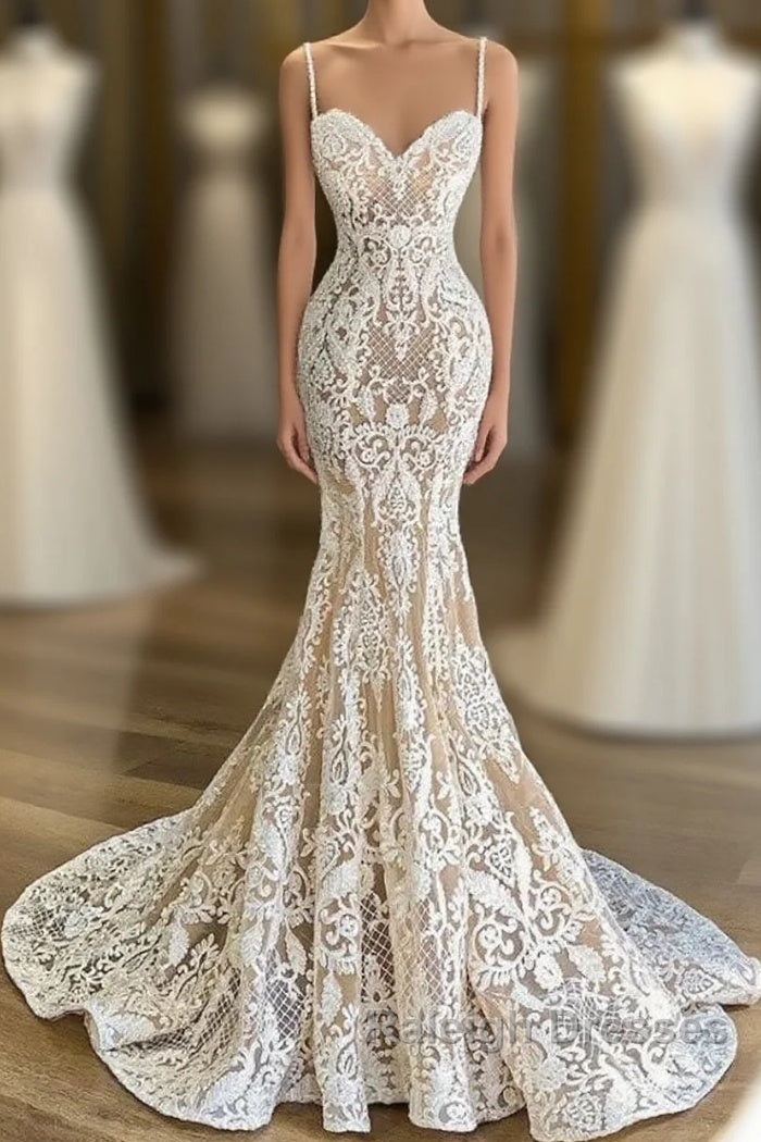 Mermaid Spaghetti-Straps Lace Sleeveless Wedding Dresses