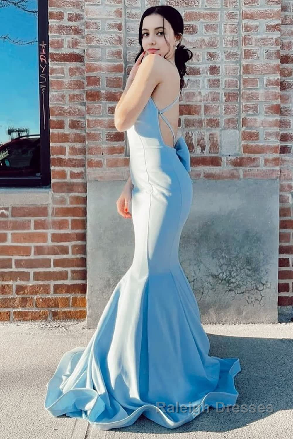 Mermaid Spaghetti Straps Light Blue Long Prom Dress with Open Back