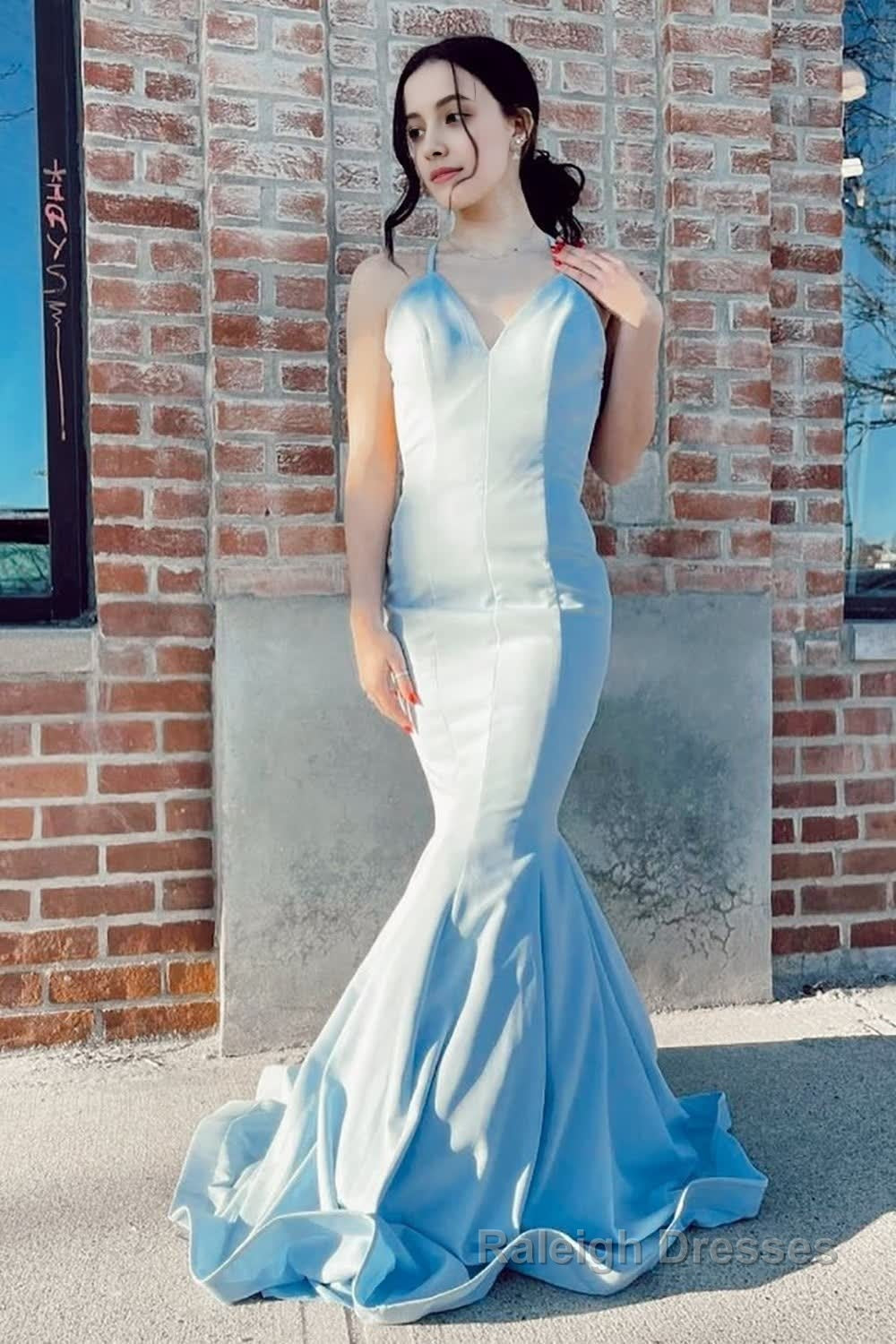 Mermaid Spaghetti Straps Light Blue Long Prom Dress with Open Back Main image