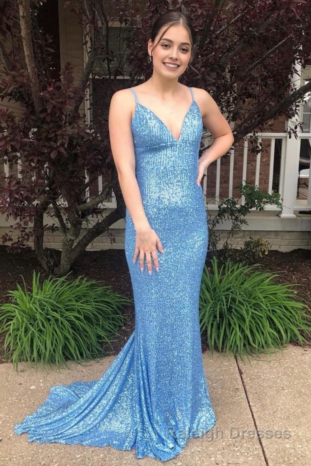 Mermaid Spaghetti Straps Light Blue Sequins Backless Long Prom Dress Main image