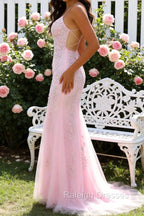 Mermaid Spaghetti Straps Light Pink Long Prom Dress with Appliques