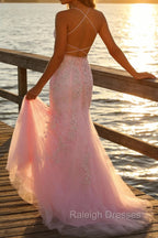 Mermaid Spaghetti Straps Light Pink Long Prom Dress with Appliques