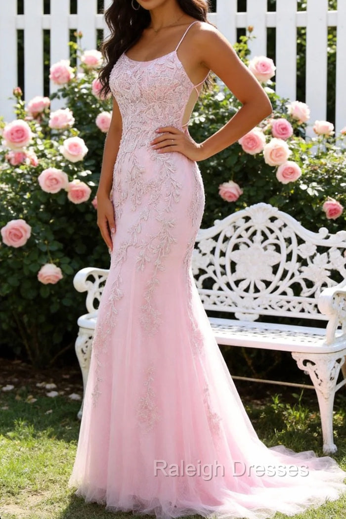 Mermaid Spaghetti Straps Light Pink Long Prom Dress with Appliques Main image