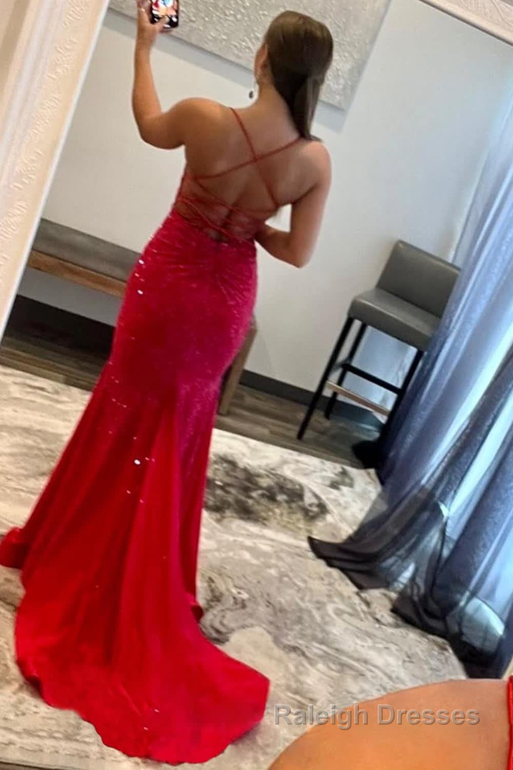 Mermaid Spaghetti Straps Red Long Prom Dress with Criss Cross Back Secondary image