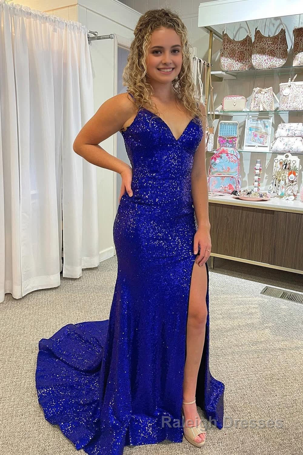 Mermaid Spaghetti Straps Royal Blue Sequins Long Prom Dress with Split Front Main image