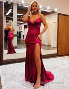 Mermaid Spaghetti Straps Satin Prom Dress with Slit