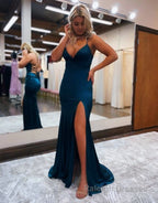 Mermaid Spaghetti Straps Satin Prom Dress with Slit