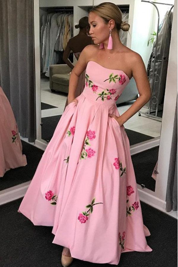 A-Line Sweetheart Strapless Pink Prom Dresses Long With Embroidery Pockets