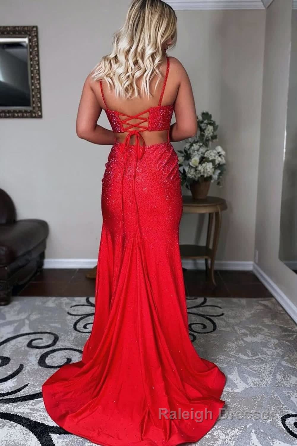 Mermaid Spaghettti Strap Beaded Satin Prom Dress with Slit