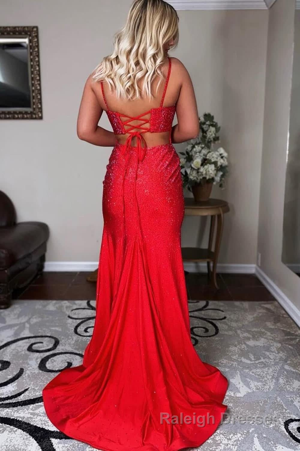 Mermaid Spaghettti Straps Black Sequins Long Prom Dress with Split Front