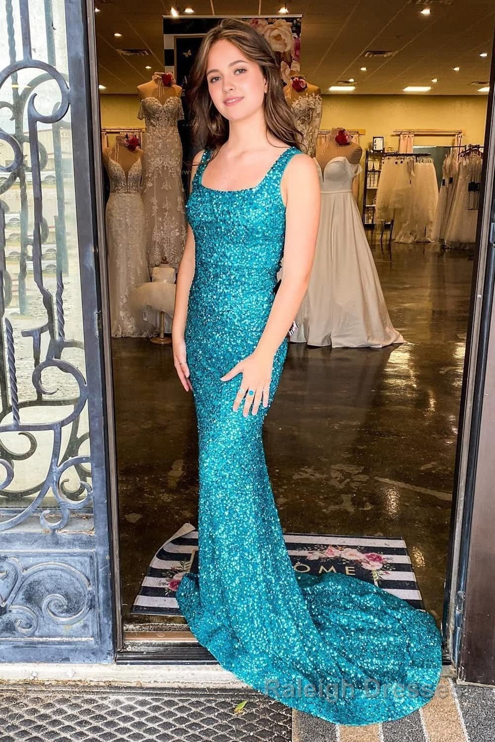 Mermaid Square Neck Sparkly Turquoise Sequins Long Prom Dress Main image