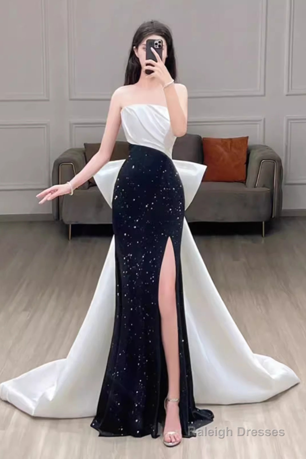 Mermaid Strapless Black Satin Long Slit Prom Dress
