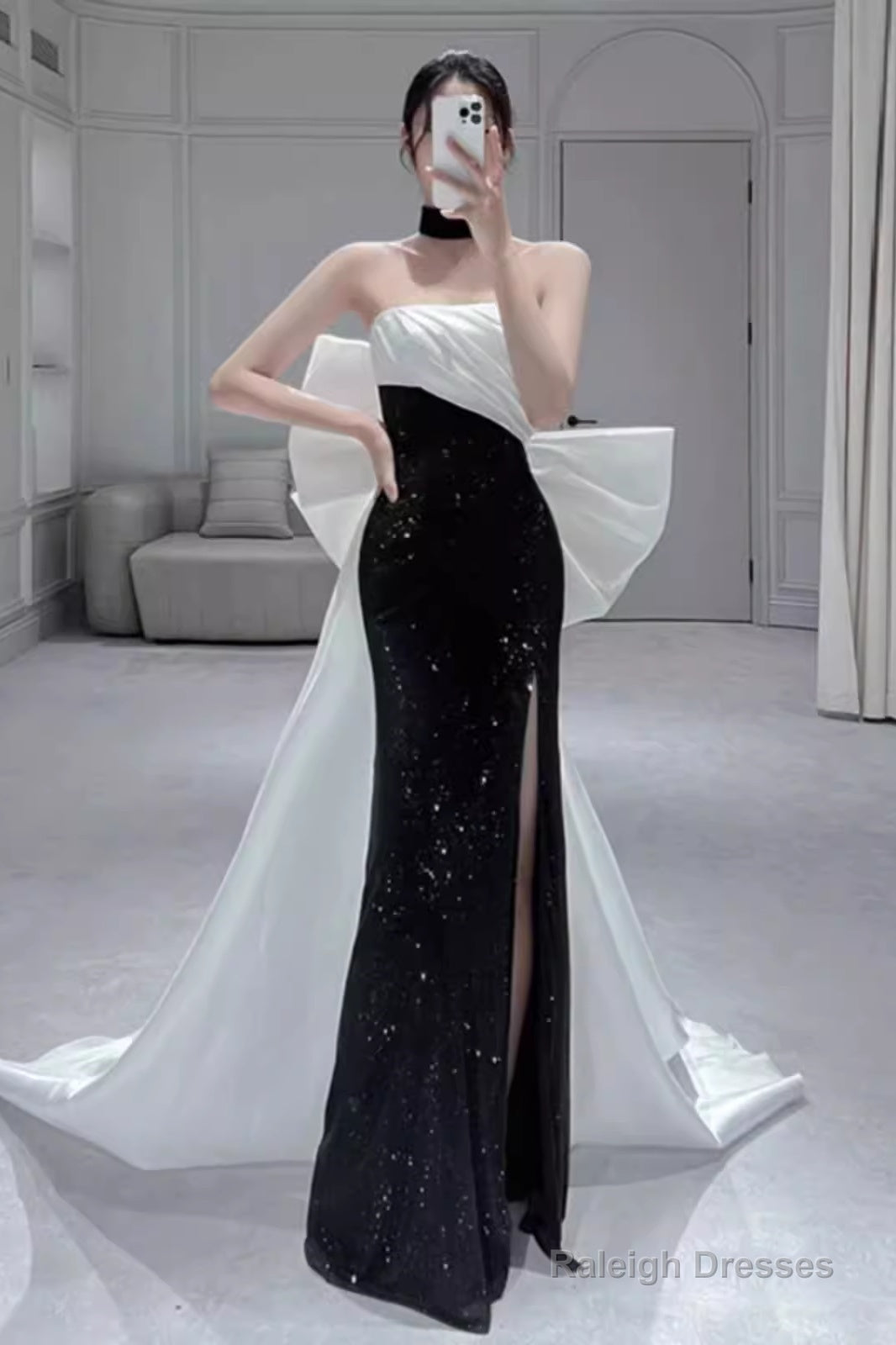 Mermaid Strapless Black Satin Long Slit Prom Dresses