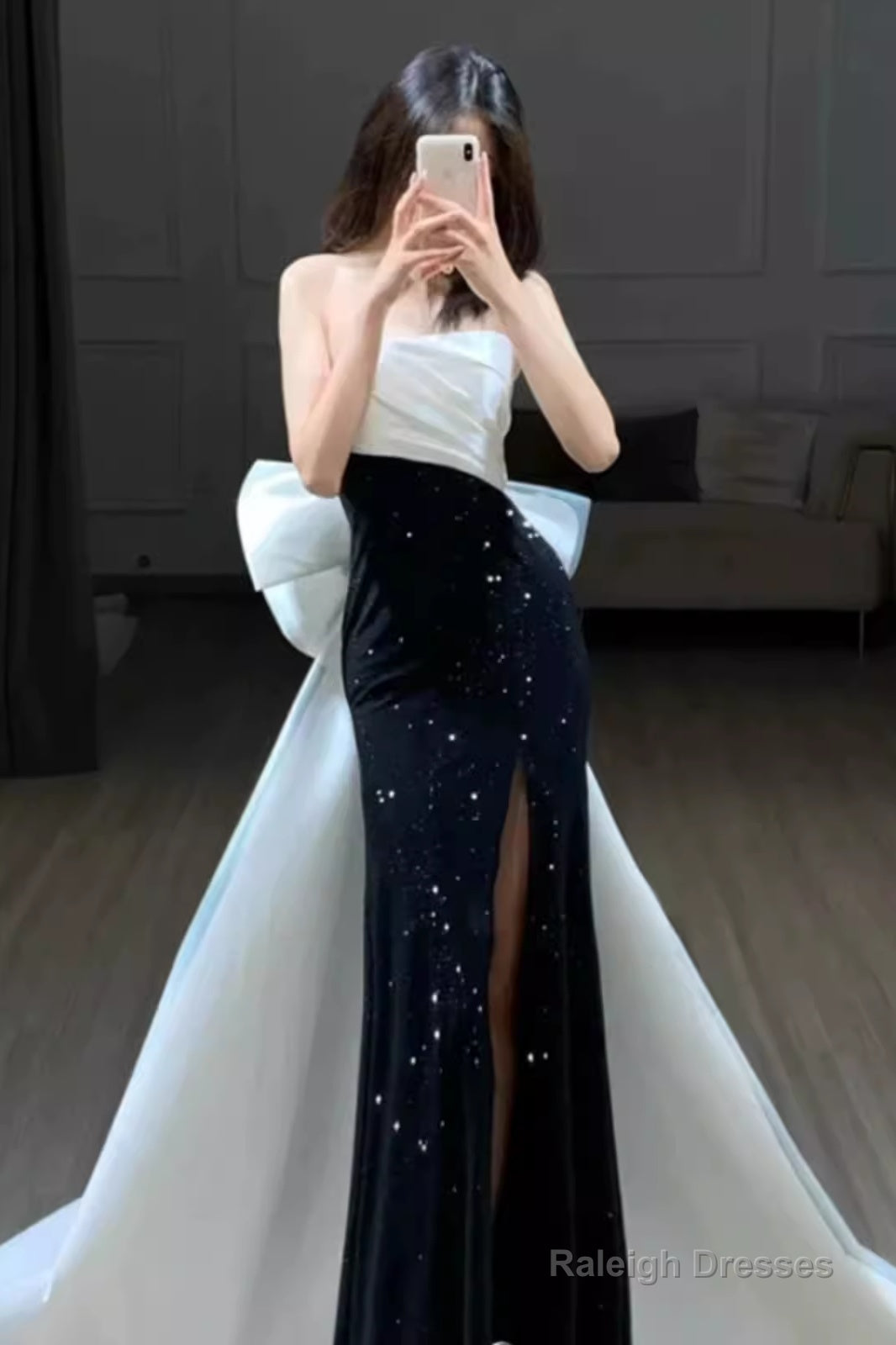 Mermaid Strapless Black Satin Long Slit Prom Dresses