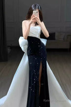 Mermaid Strapless Black Satin Long Slit Prom Dress