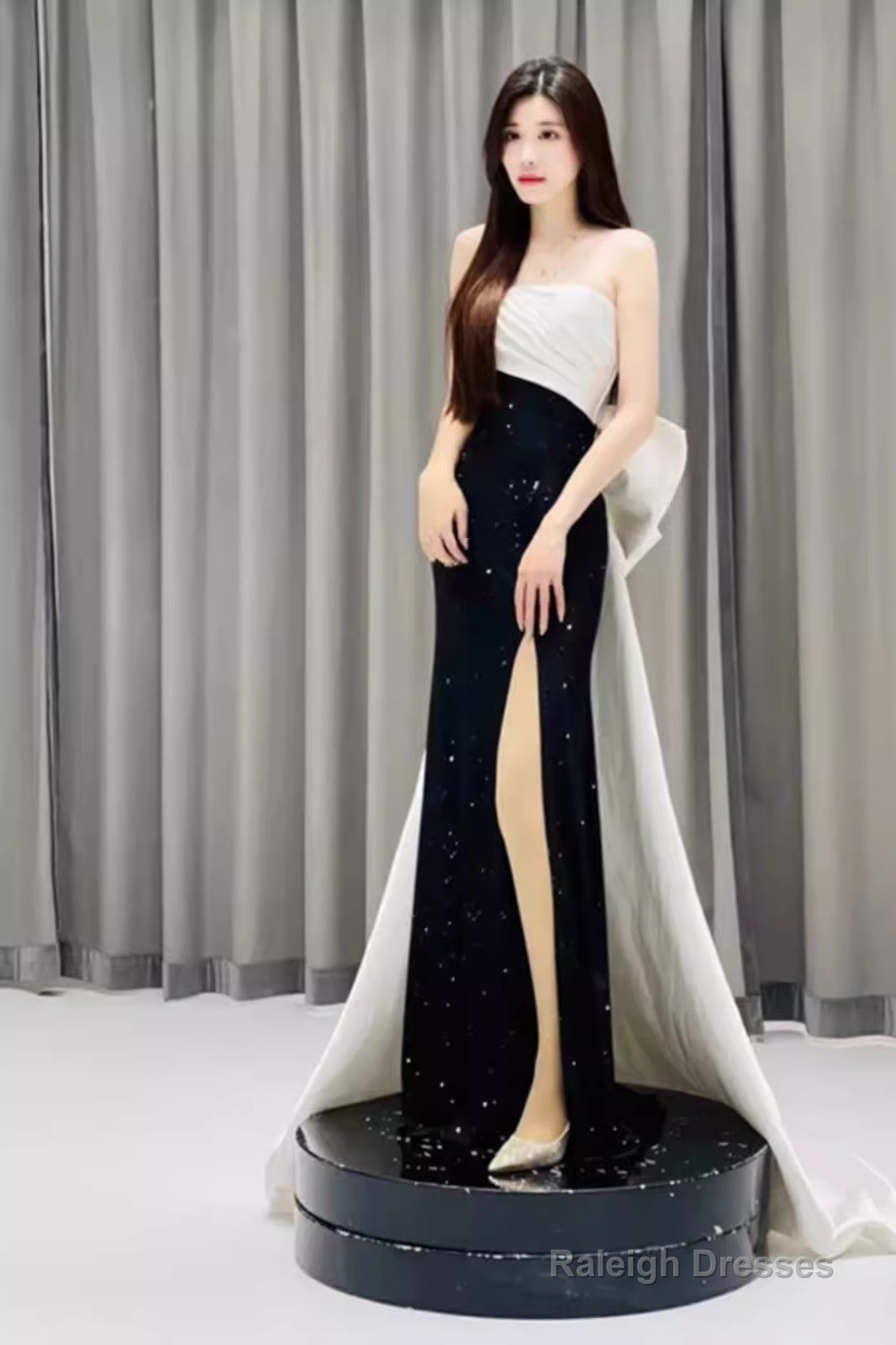 Mermaid Strapless Black Satin Long Slit Prom Dresses Main image