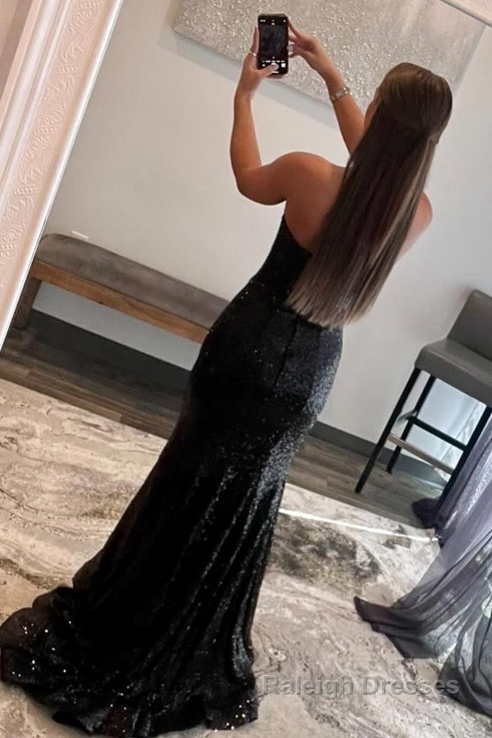 Mermaid Strapless Black Sequins Long Prom Dress with Feather Secondary image