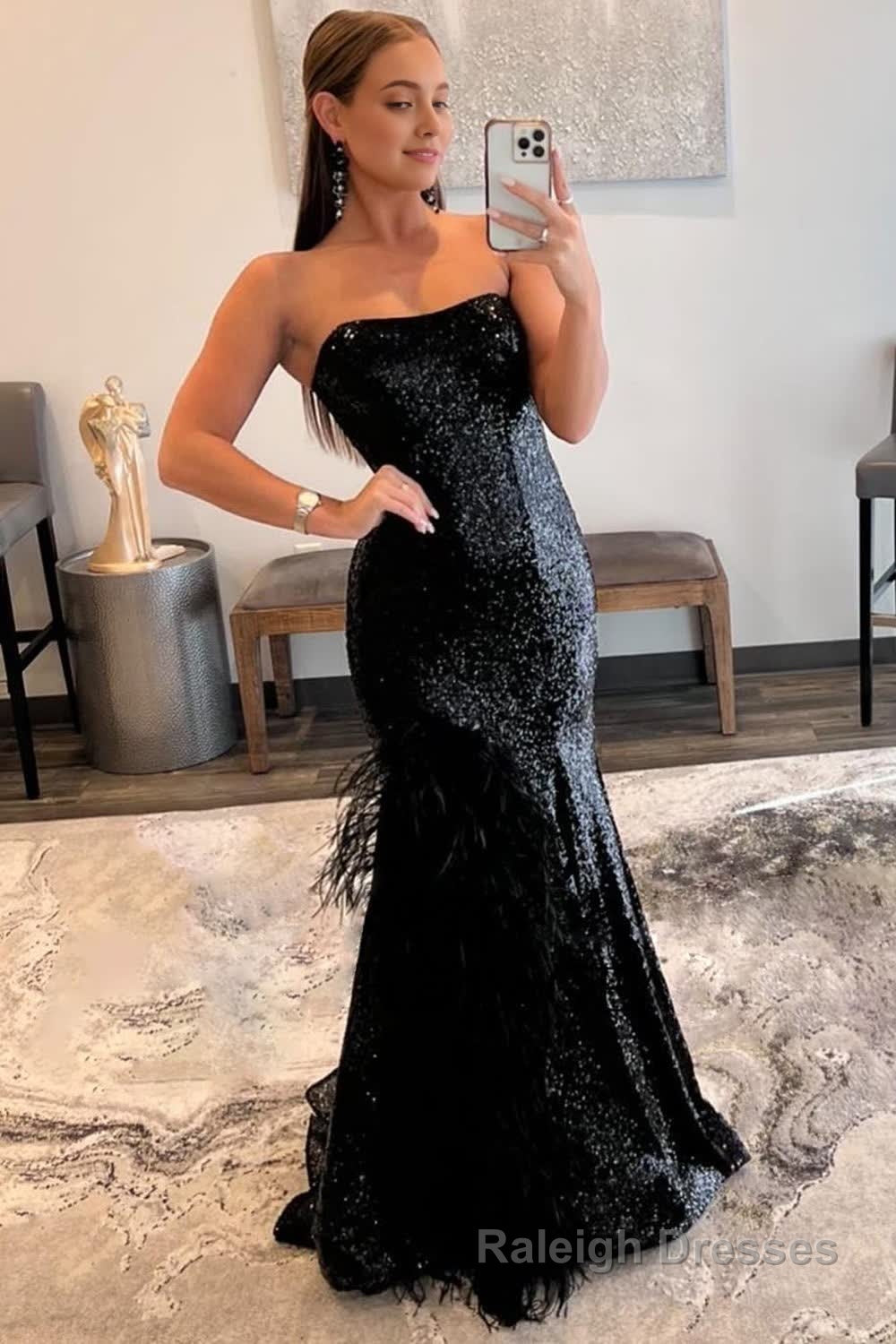 Mermaid Strapless Black Sequins Long Prom Dress with Feather Main image