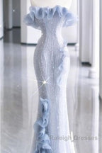 Mermaid Strapless Blue Sequin Prom Dresses Evening Dress