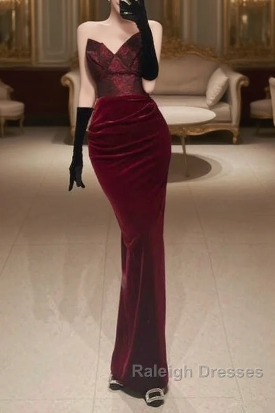 Mermaid Strapless Burgundy Long Lace Prom Dresses Main image