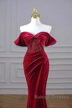 Mermaid Strapless Burgundy Velvet Prom Dresses Evening Dress