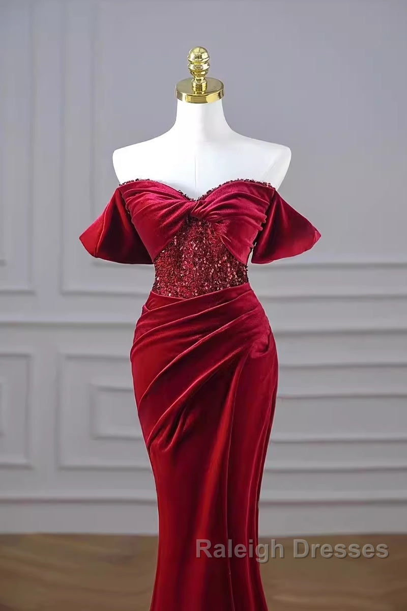 Mermaid Strapless Burgundy Velvet Prom Dress