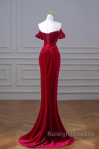 Mermaid Strapless Burgundy Velvet Prom Dresses Evening Dress