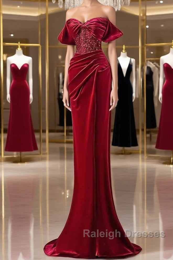 Mermaid Strapless Burgundy Velvet Prom Dresses Evening Dress Main image