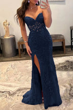 Mermaid Strapless Corset Lace Prom Dress with Slit