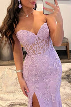 Mermaid Strapless Corset Lace Prom Dress with Slit