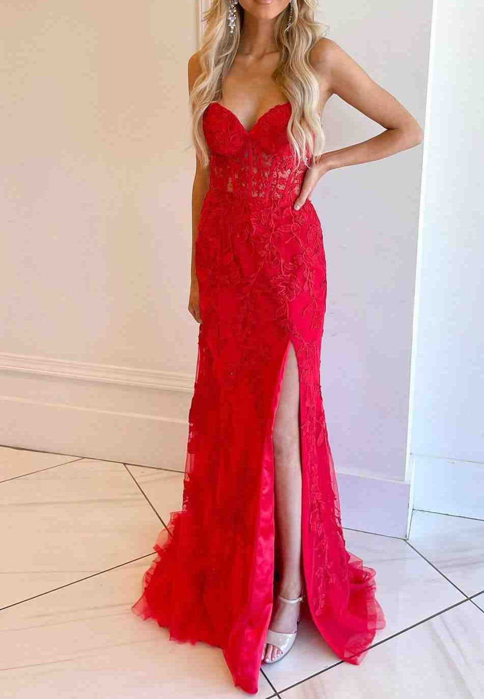 Mermaid Strapless Corset Lace Prom Dress with Slit