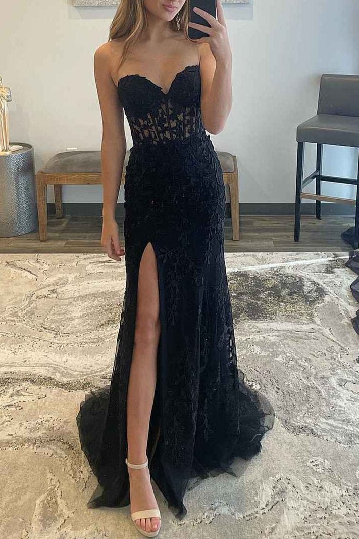 Mermaid Strapless Corset Lace Prom Dress with Slit