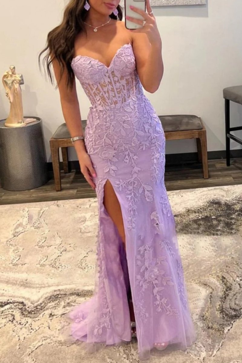 Mermaid Strapless Corset Lace Prom Dress with Slit Main image