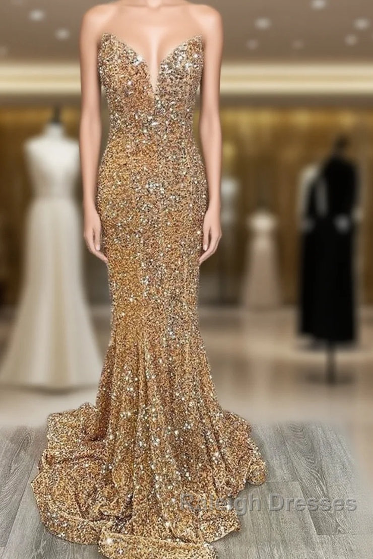 Mermaid Strapless Gold Sequin Prom Dresses Main image