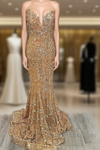 Mermaid Strapless Gold Sequin Prom Dresses