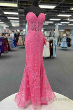 Mermaid Strapless Hot Pink Corset Appliques Long Prom Dresses