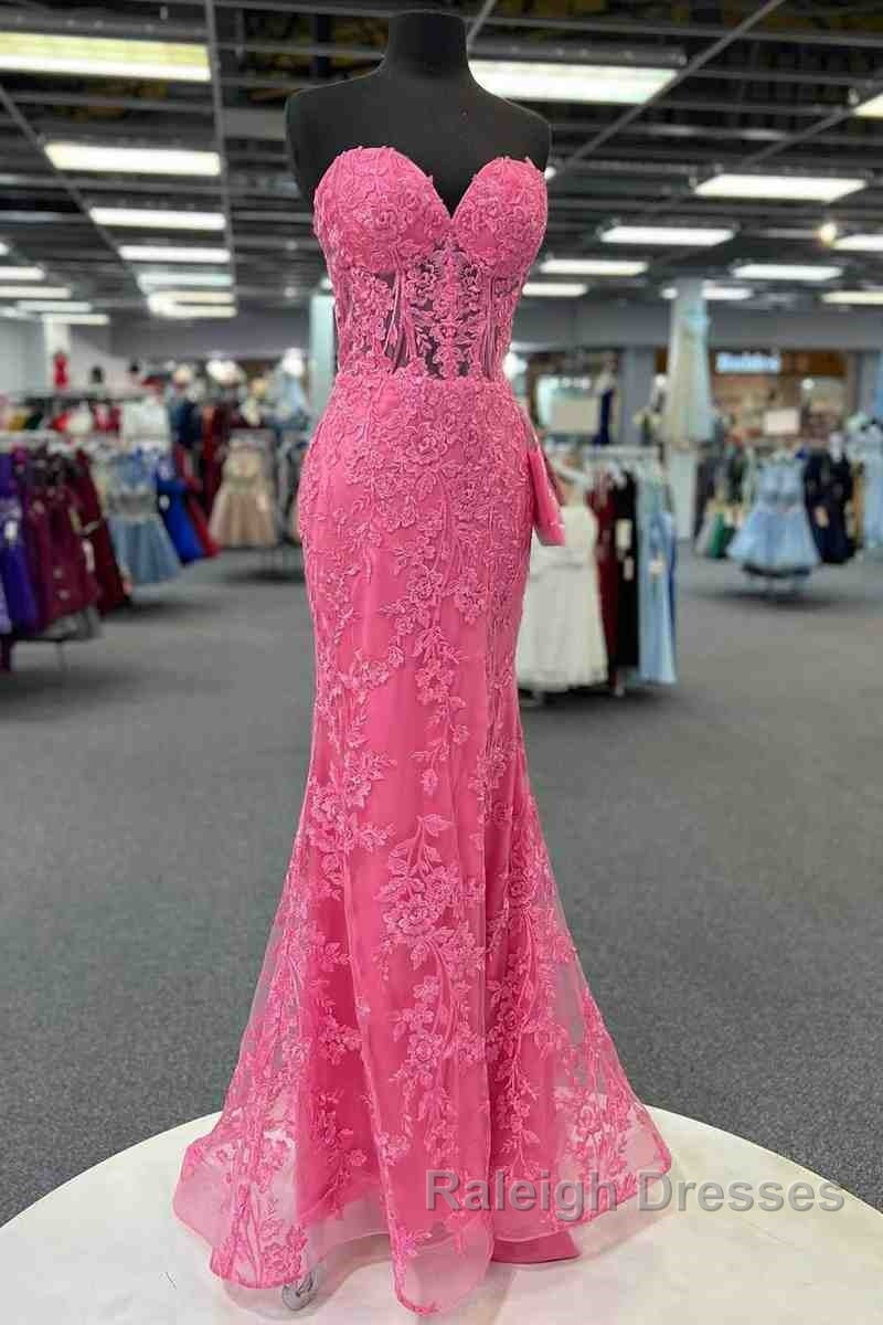 Mermaid Strapless Hot Pink Corset Appliques Long Prom Dresses