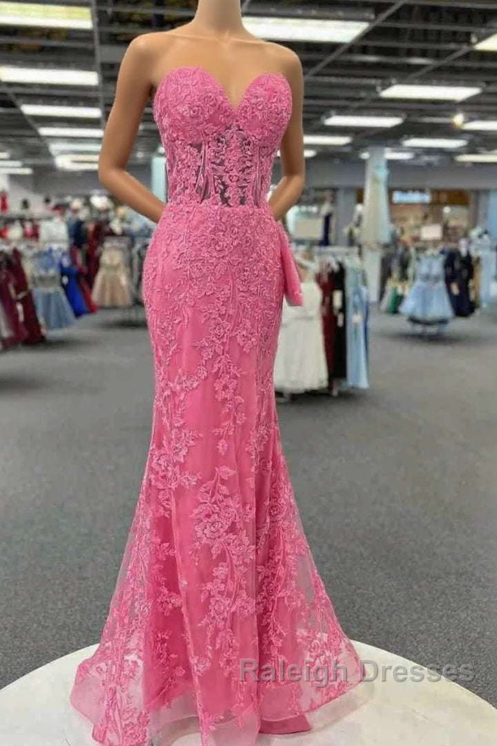 Mermaid Strapless Hot Pink Corset Appliques Long Prom Dresses Main image